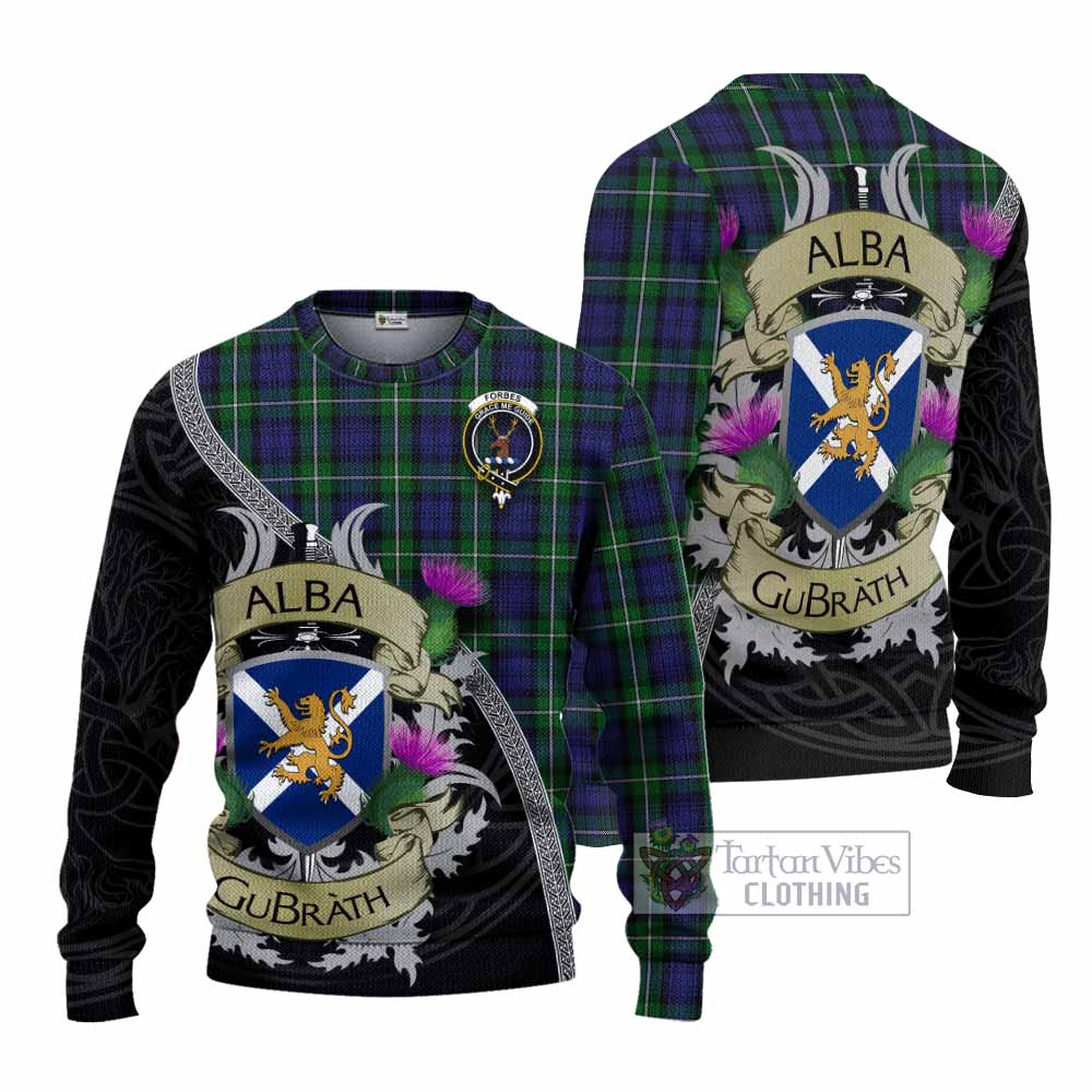 Tartan Vibes Clothing Forbes Tartan Family Crest Knitted Sweater Lion Rampant Royal Thistle Shield Celtic Inspired
