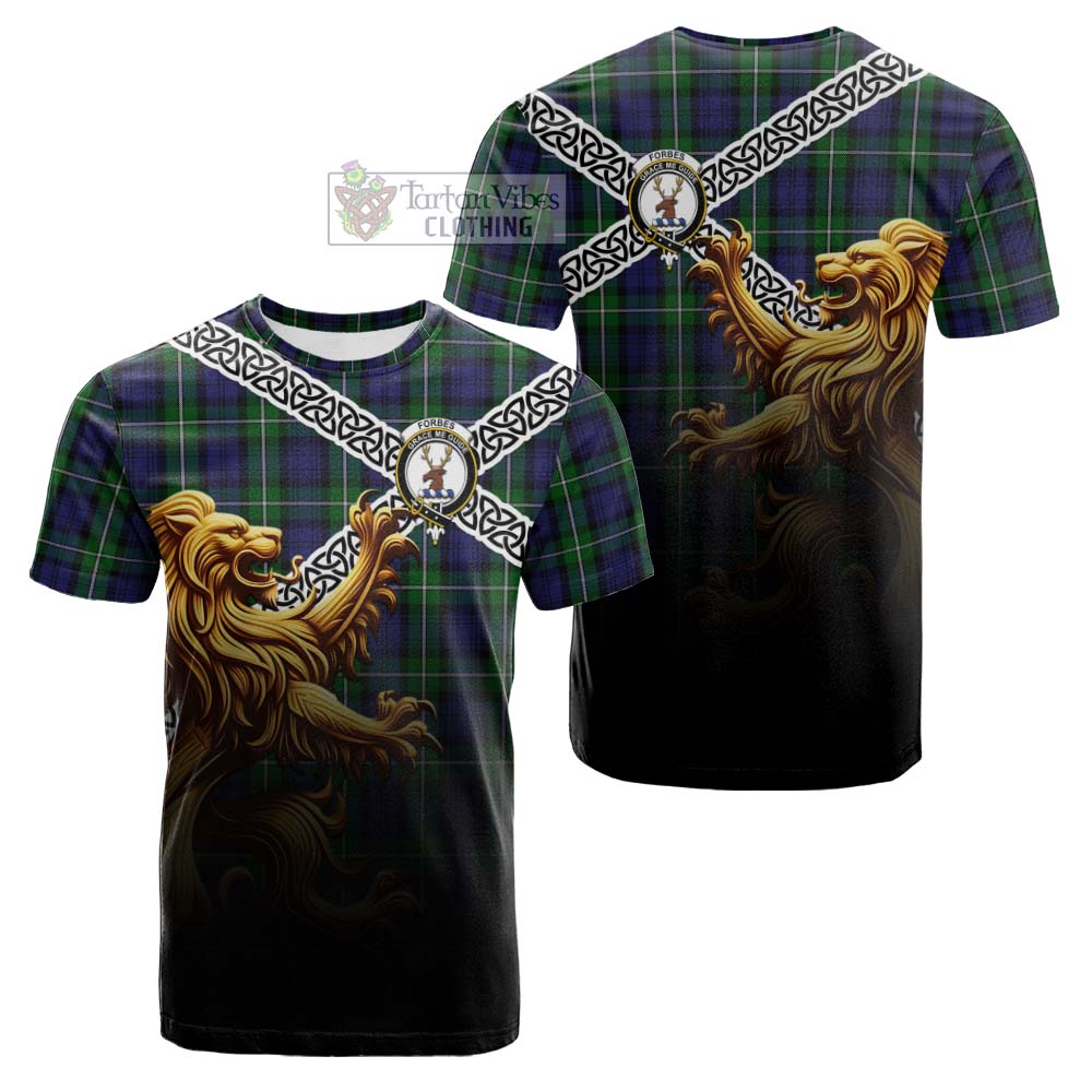 Tartan Vibes Clothing Forbes Crest Tartan Cotton T-shirt with Golden Lion Emblem Celtic Style