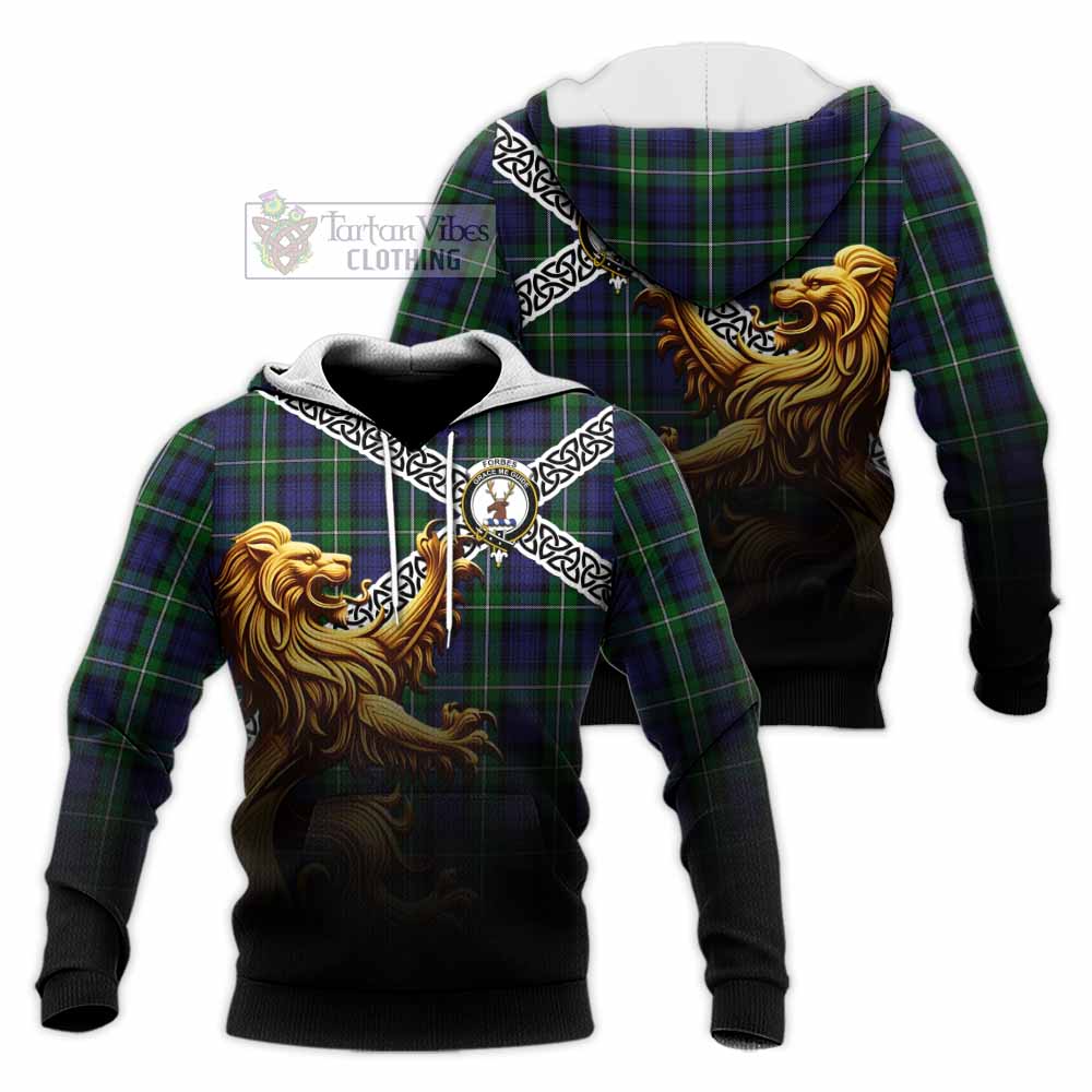 Tartan Vibes Clothing Forbes Crest Tartan Knitted Hoodie with Golden Lion Emblem Celtic Style