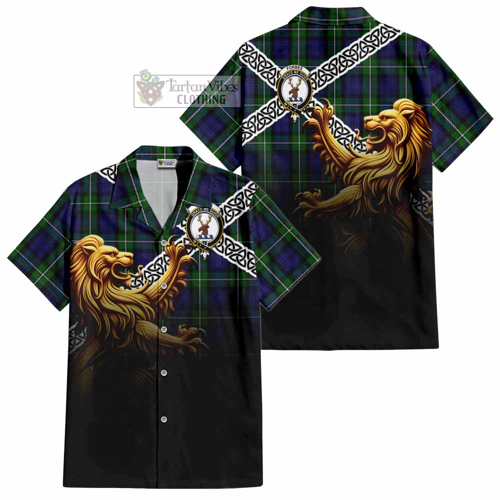 Tartan Vibes Clothing Forbes Crest Tartan Short Sleeve Button Shirt with Golden Lion Emblem Celtic Style