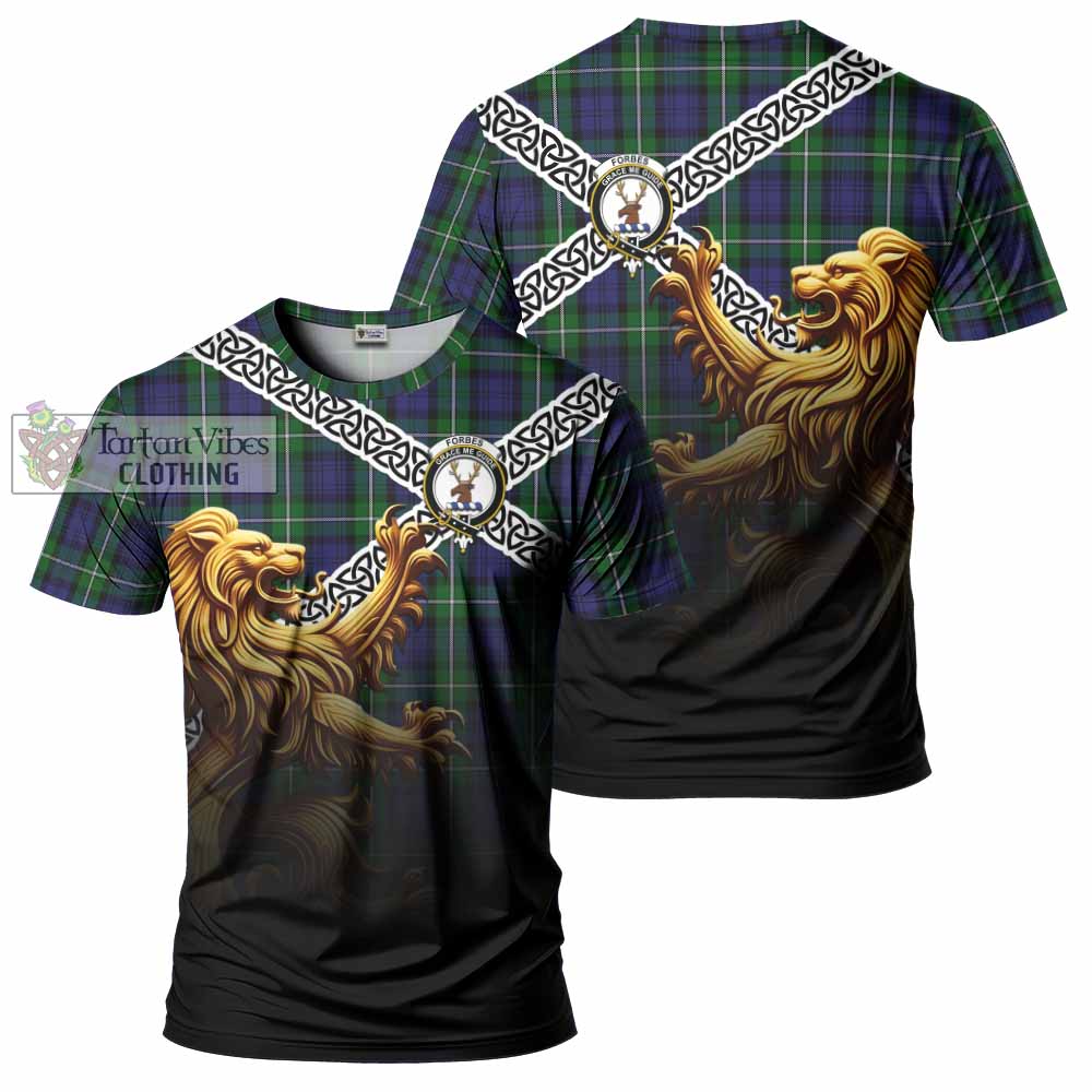 Tartan Vibes Clothing Forbes Crest Tartan T-Shirt with Golden Lion Emblem Celtic Style