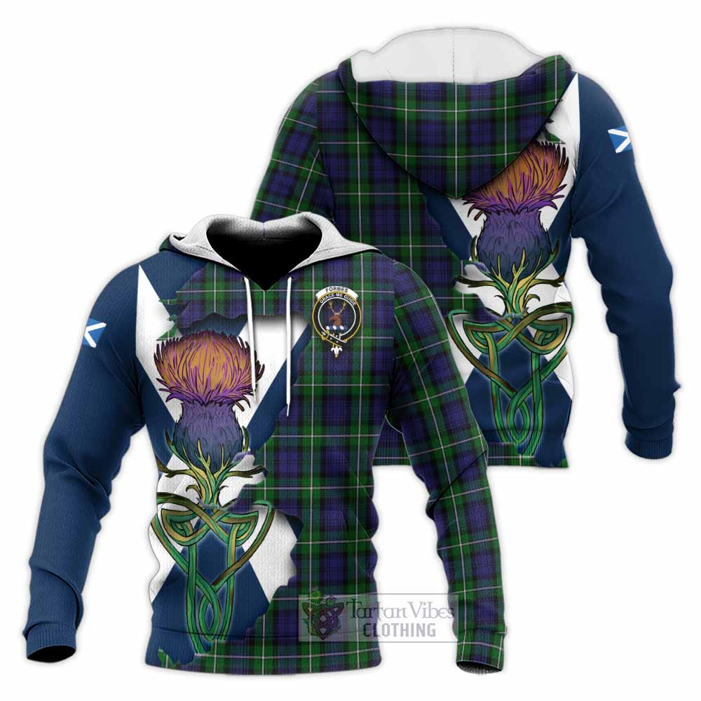 Tartan Vibes Clothing Forbes Tartan Family Crest Knitted Hoodie Scottish Thistle Celtic Inspired