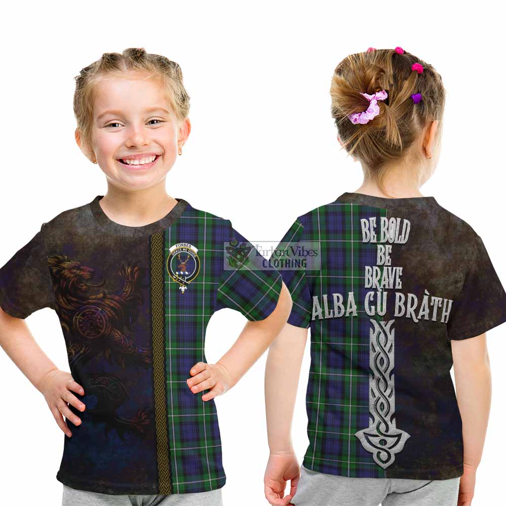 Tartan Vibes Clothing Forbes Tartan Family Crest Kid T-Shirt Alba Gu Brath Be Brave Lion Ancient Style