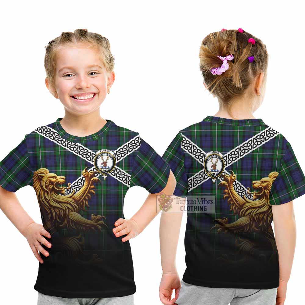 Tartan Vibes Clothing Forbes Crest Tartan Kid T-Shirt with Golden Lion Emblem Celtic Style
