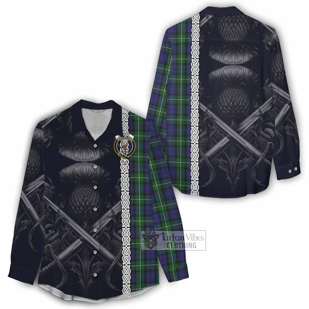Tartan Vibes Clothing Forbes Tartan Women's Casual Shirt with Family Crest Cross Sword Thistle Celtic Vibes