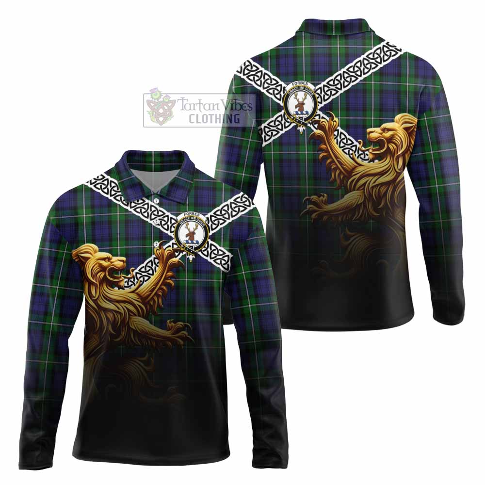 Tartan Vibes Clothing Forbes Crest Tartan Long Sleeve Polo Shirt with Golden Lion Emblem Celtic Style