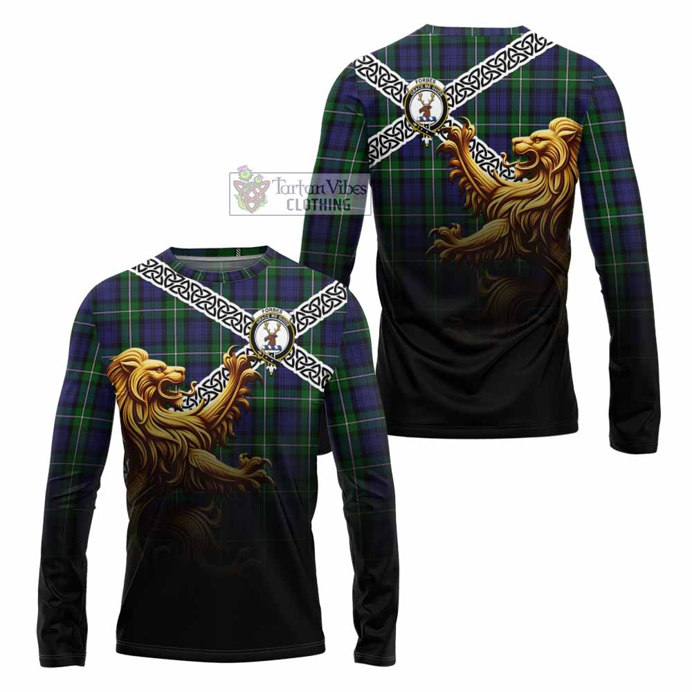 Tartan Vibes Clothing Forbes Crest Tartan Long Sleeve T-Shirt with Golden Lion Emblem Celtic Style