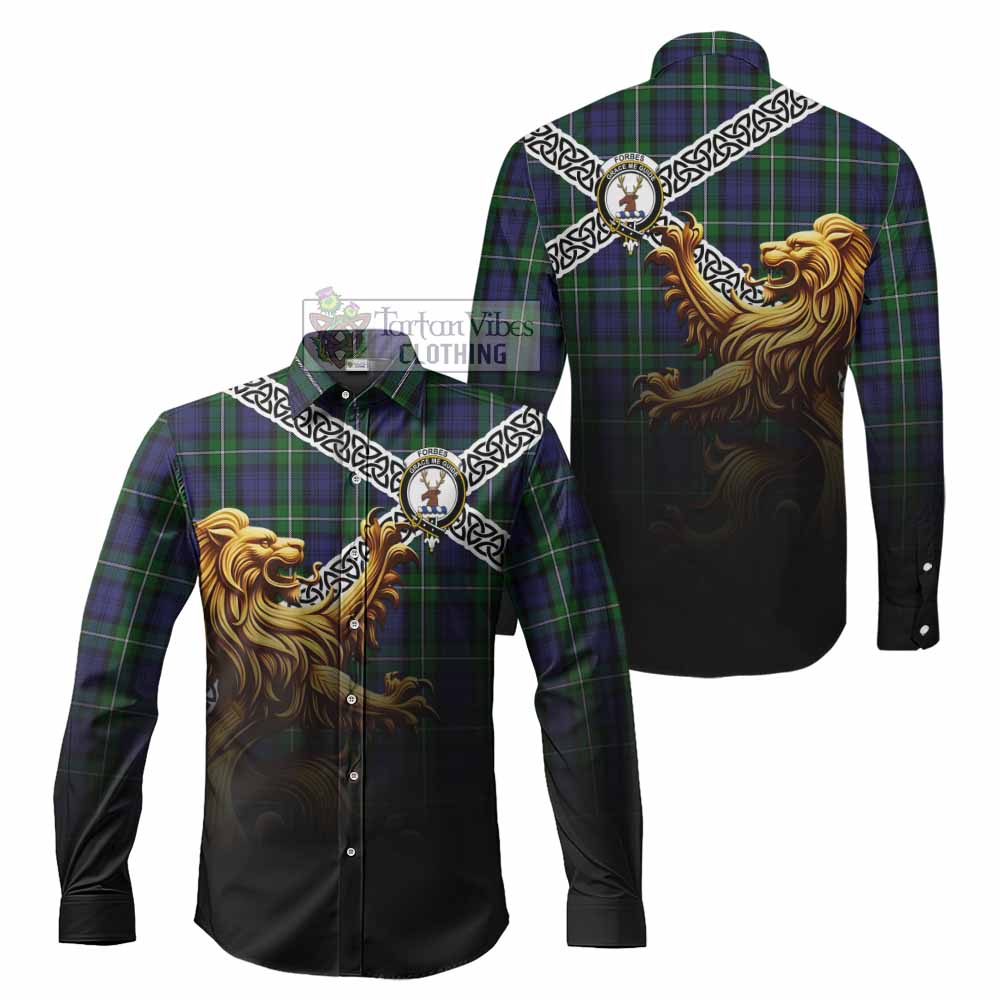 Tartan Vibes Clothing Forbes Crest Tartan Long Sleeve Button Shirt with Golden Lion Emblem Celtic Style