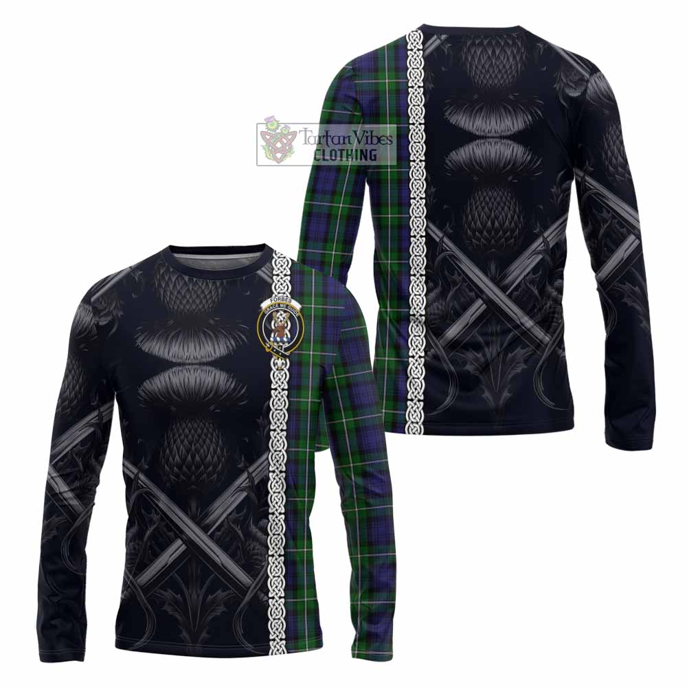 Tartan Vibes Clothing Forbes Tartan Long Sleeve T-Shirt with Family Crest Cross Sword Thistle Celtic Vibes