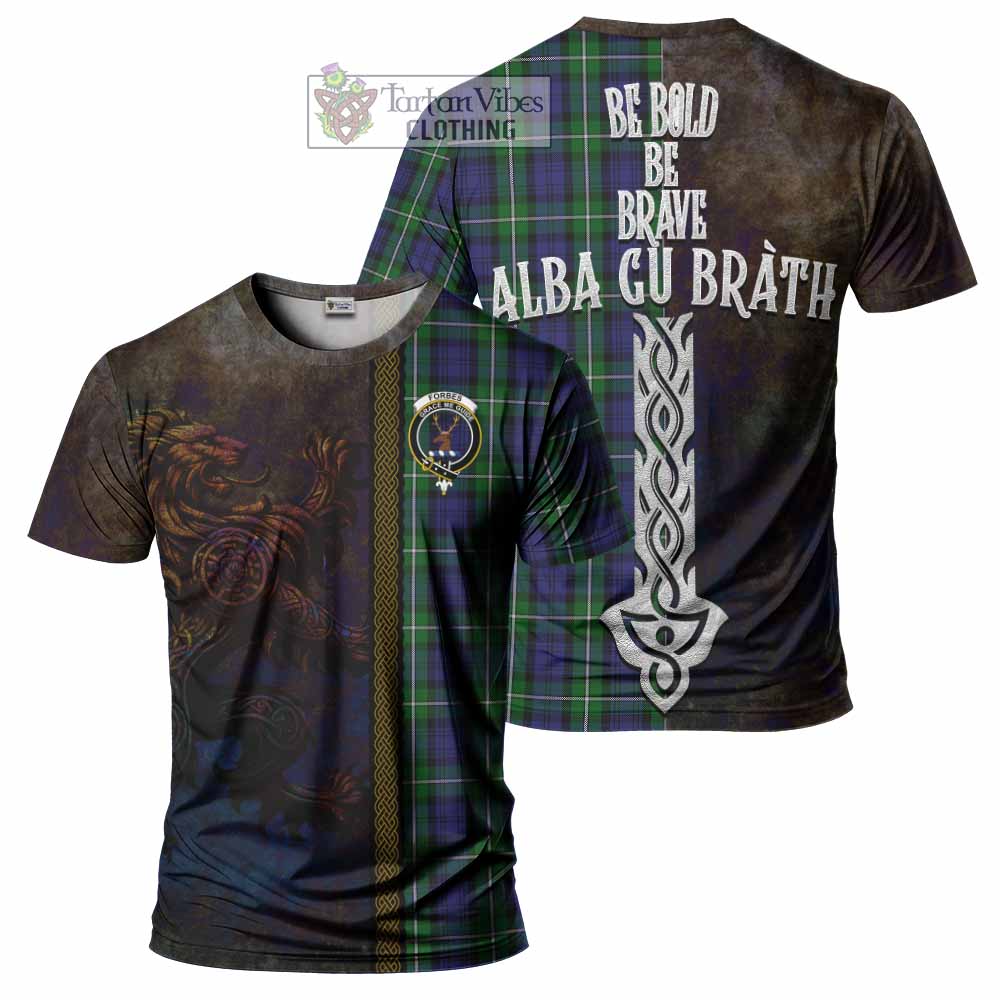 Tartan Vibes Clothing Forbes Tartan Family Crest T-Shirt Alba Gu Brath Be Brave Lion Ancient Style