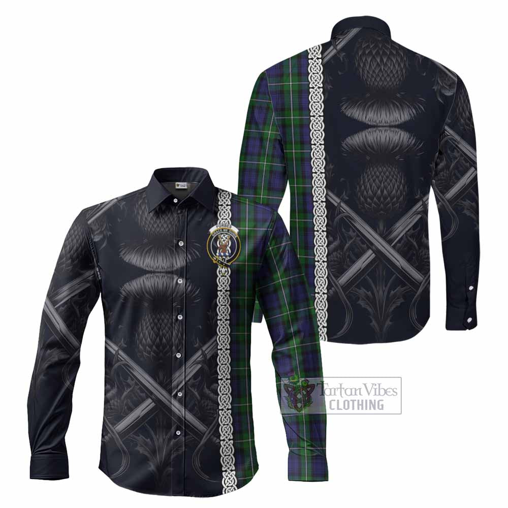 Tartan Vibes Clothing Forbes Tartan Long Sleeve Button Shirt with Family Crest Cross Sword Thistle Celtic Vibes