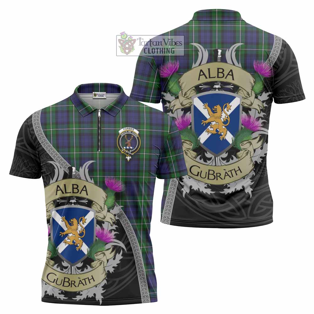 Tartan Vibes Clothing Forbes Tartan Family Crest Zipper Polo Shirt Lion Rampant Royal Thistle Shield Celtic Inspired