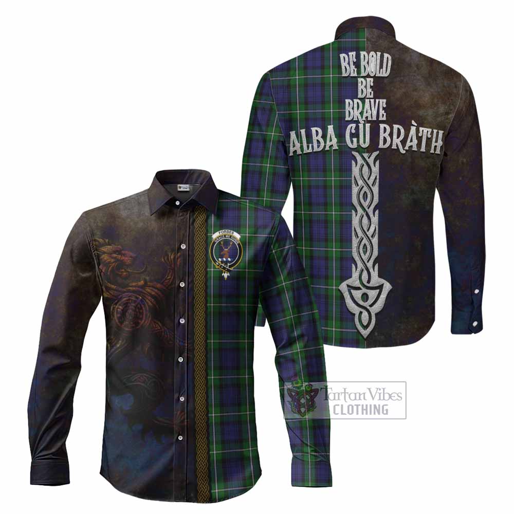 Tartan Vibes Clothing Forbes Tartan Family Crest Long Sleeve Button Shirt Alba Gu Brath Be Brave Lion Ancient Style