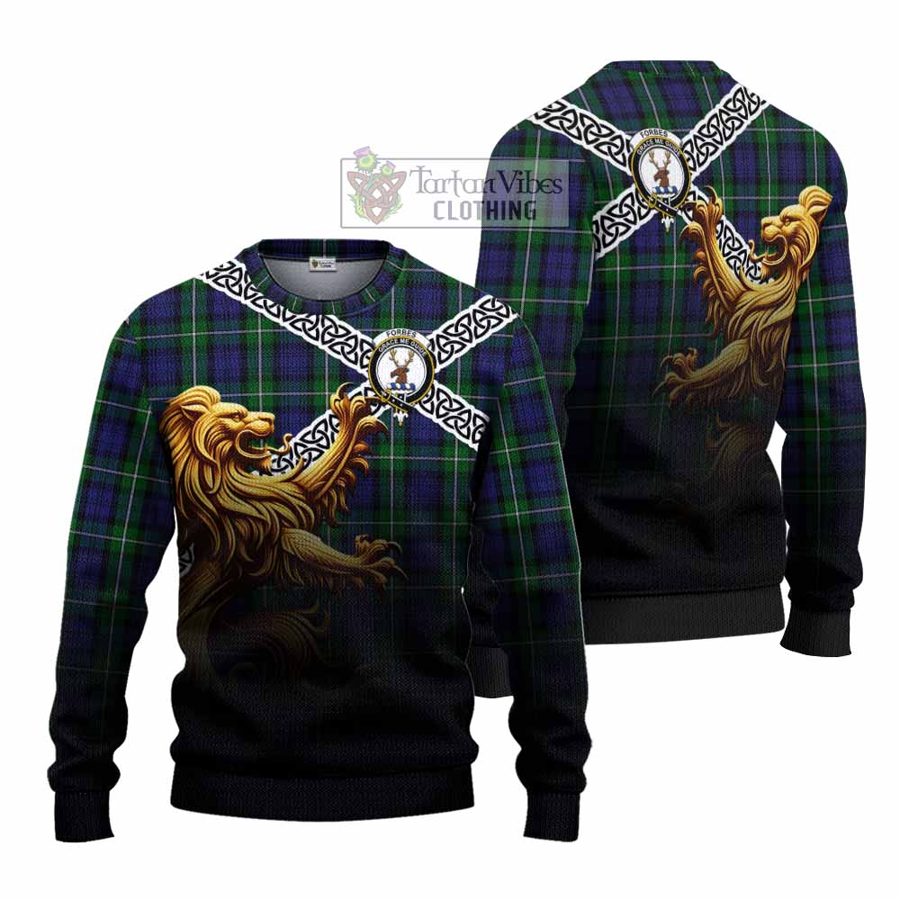 Tartan Vibes Clothing Forbes Crest Tartan Knitted Sweater with Golden Lion Emblem Celtic Style