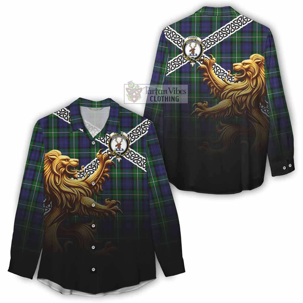 Tartan Vibes Clothing Forbes Crest Tartan Women's Casual Shirt with Golden Lion Emblem Celtic Style