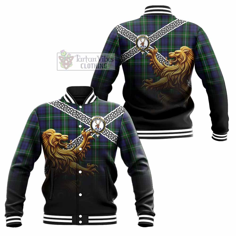 Tartan Vibes Clothing Forbes Crest Tartan Baseball Jacket with Golden Lion Emblem Celtic Style
