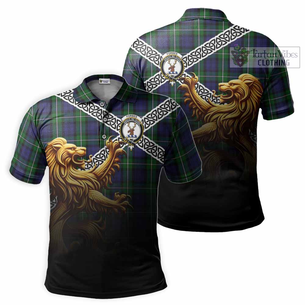 Tartan Vibes Clothing Forbes Crest Tartan Polo Shirt with Golden Lion Emblem Celtic Style