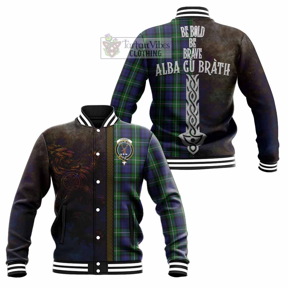 Tartan Vibes Clothing Forbes Tartan Family Crest Baseball Jacket Alba Gu Brath Be Brave Lion Ancient Style