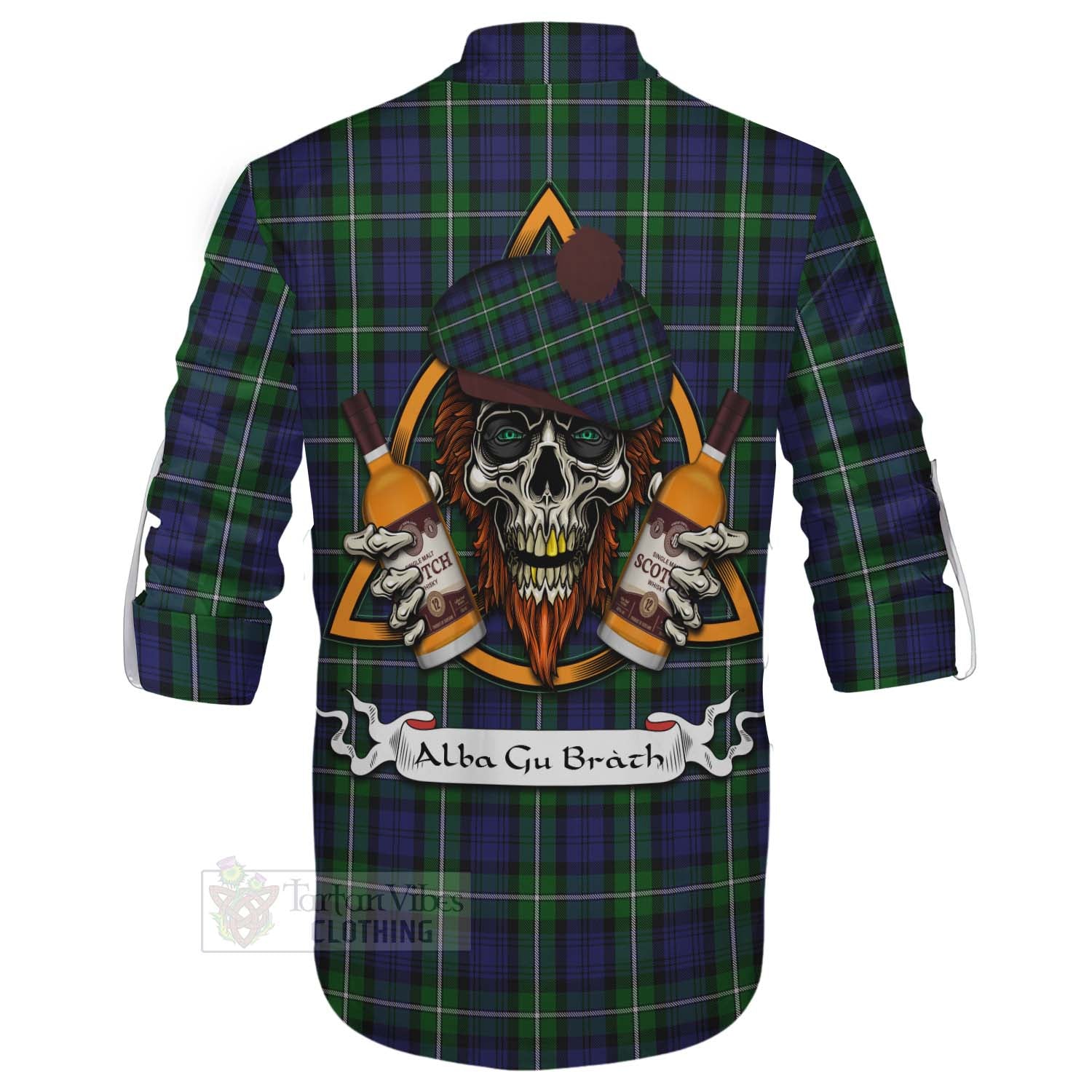 Tartan Vibes Clothing Forbes Tartan Ghillie Kilt Shirt with Family Crest and Bearded Skull Holding Bottles of Whiskey