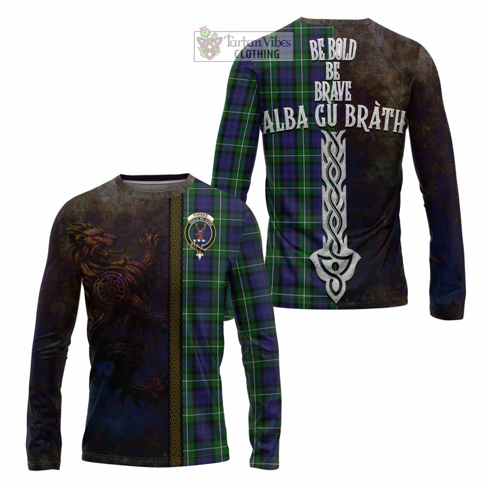 Tartan Vibes Clothing Forbes Tartan Family Crest Long Sleeve T-Shirt Alba Gu Brath Be Brave Lion Ancient Style