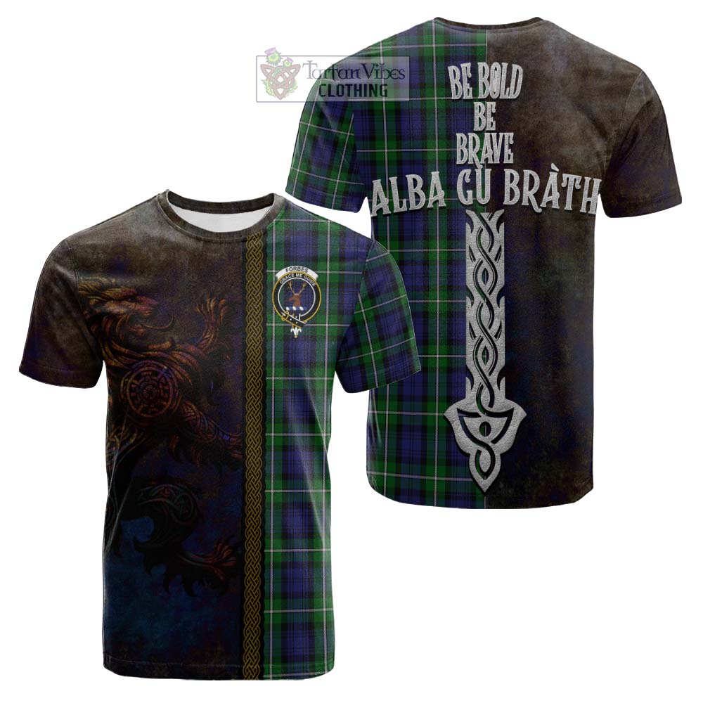 Tartan Vibes Clothing Forbes Tartan Family Crest Cotton T-shirt Alba Gu Brath Be Brave Lion Ancient Style