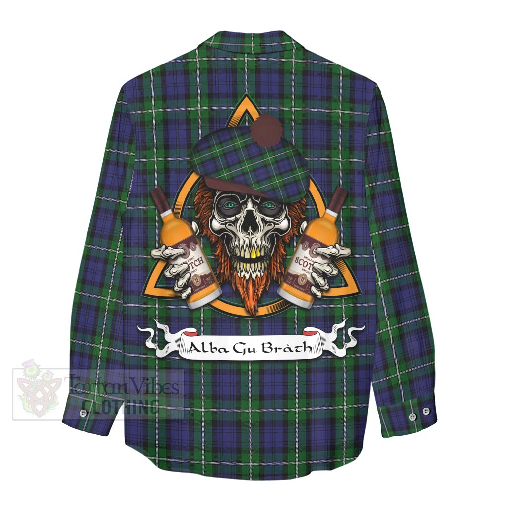 Tartan Vibes Clothing Forbes Tartan Women's Casual Shirt with Family Crest and Bearded Skull Holding Bottles of Whiskey