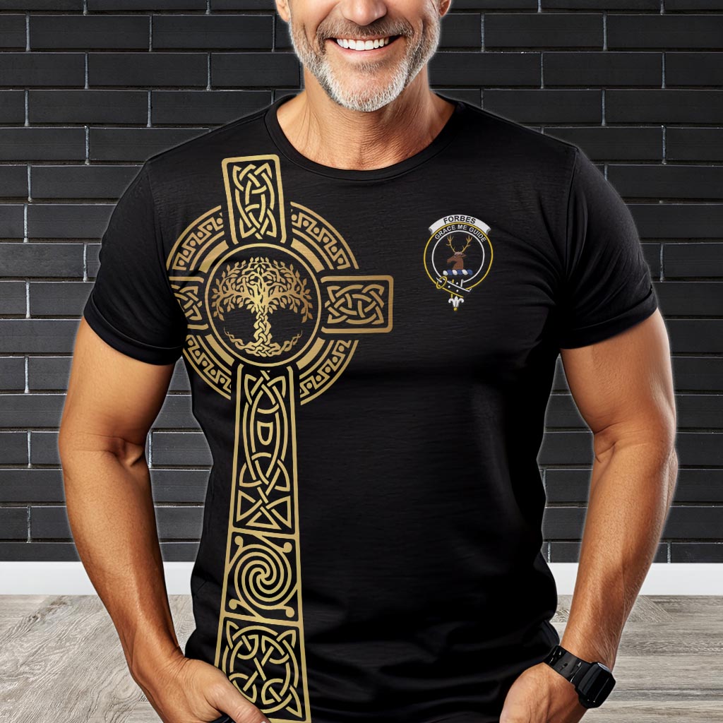 Forbes Clan Mens T-Shirt with Golden Celtic Tree Of Life - Tartanvibesclothing