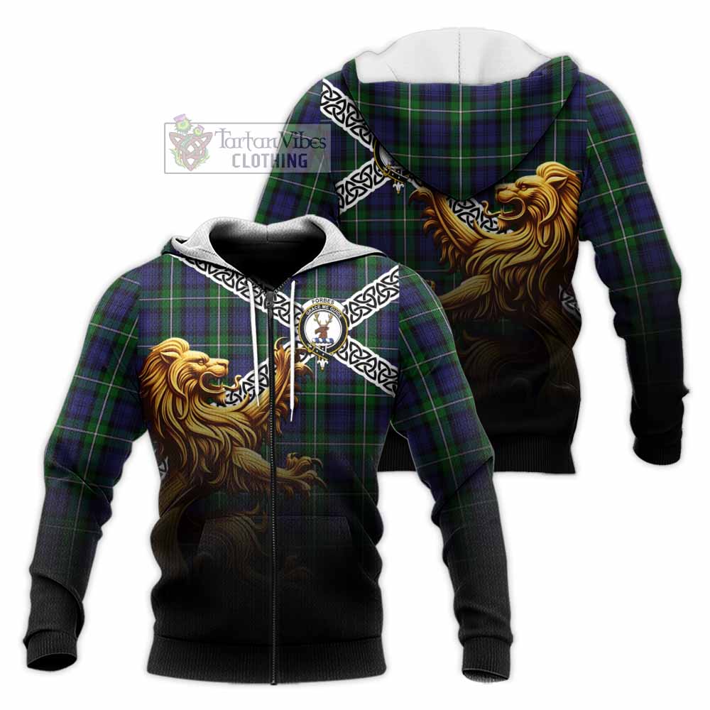 Tartan Vibes Clothing Forbes Crest Tartan Knitted Hoodie with Golden Lion Emblem Celtic Style