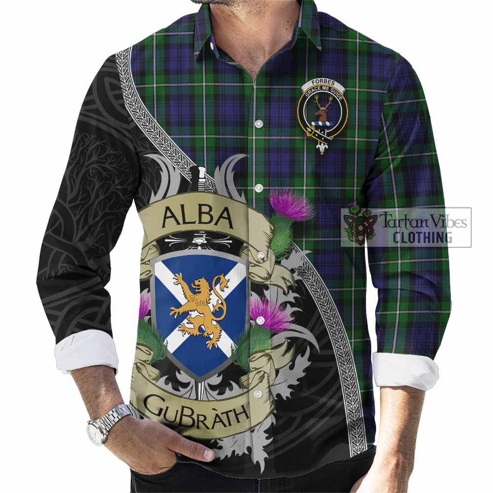 Tartan Vibes Clothing Forbes Tartan Family Crest Long Sleeve Button Shirt Lion Rampant Royal Thistle Shield Celtic Inspired