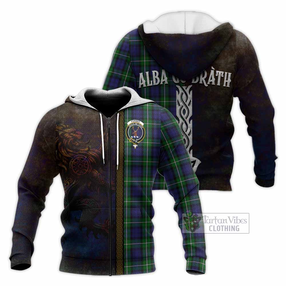 Tartan Vibes Clothing Forbes Tartan Family Crest Knitted Hoodie Alba Gu Brath Be Brave Lion Ancient Style