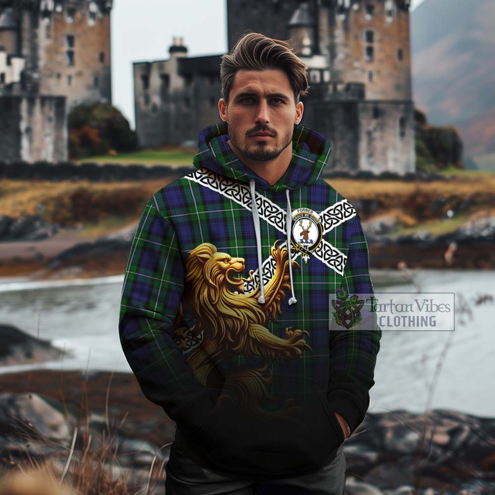 Tartan Vibes Clothing Forbes Crest Tartan Cotton Hoodie with Golden Lion Emblem Celtic Style
