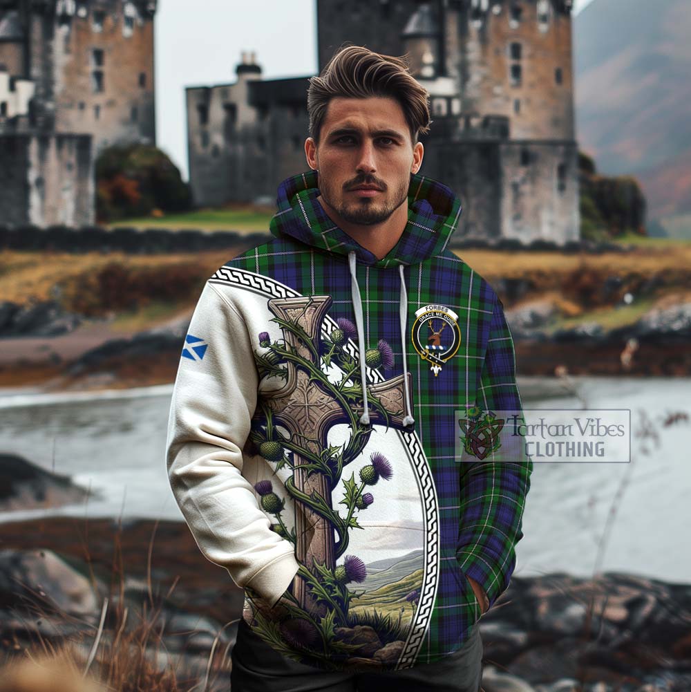 Tartan Vibes Clothing Forbes Tartan Cotton Hoodie with Family Crest and St. Andrew's Cross Accented by Thistle Vines