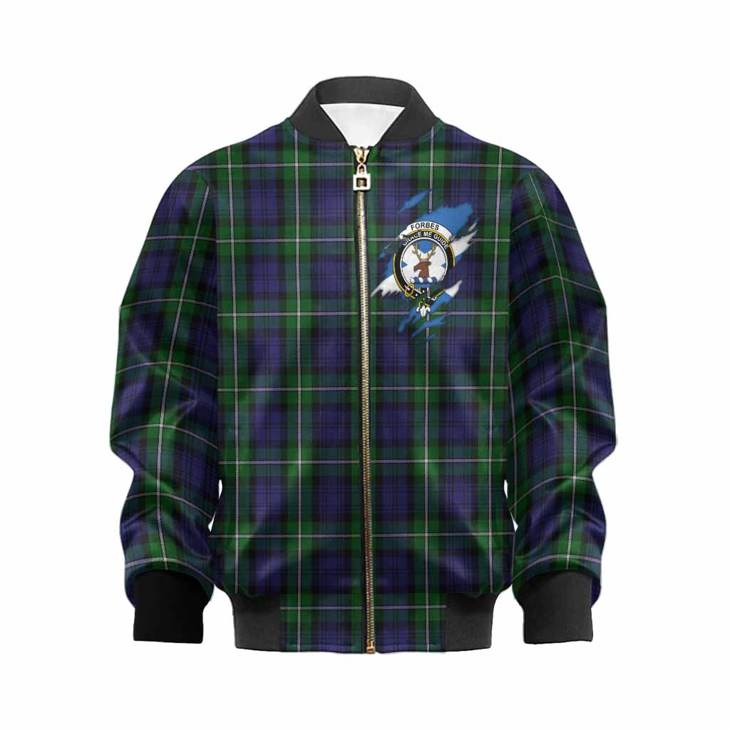 Forbes Clan Crest In Me Tartan Kid Bomber Jacket Scotland Flag Style