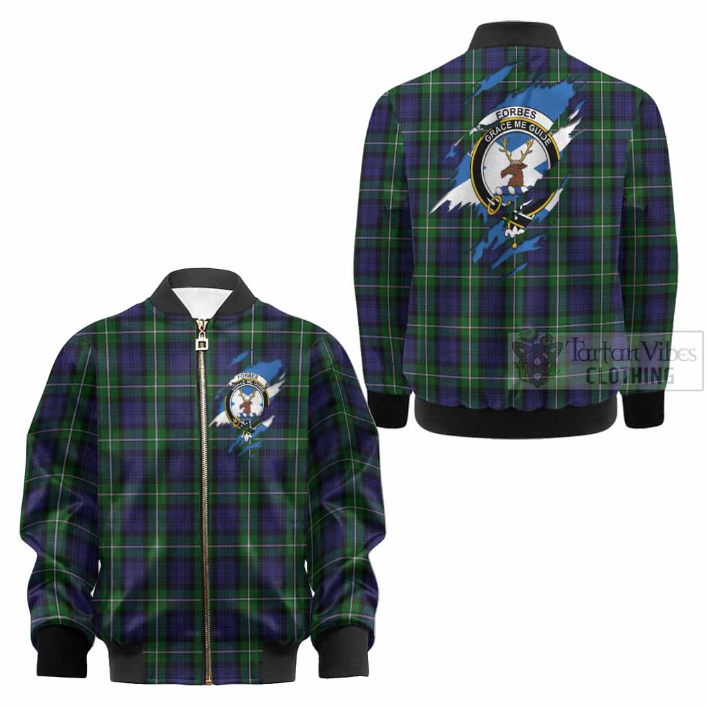 Forbes Clan Crest In Me Tartan Kid Bomber Jacket Scotland Flag Style