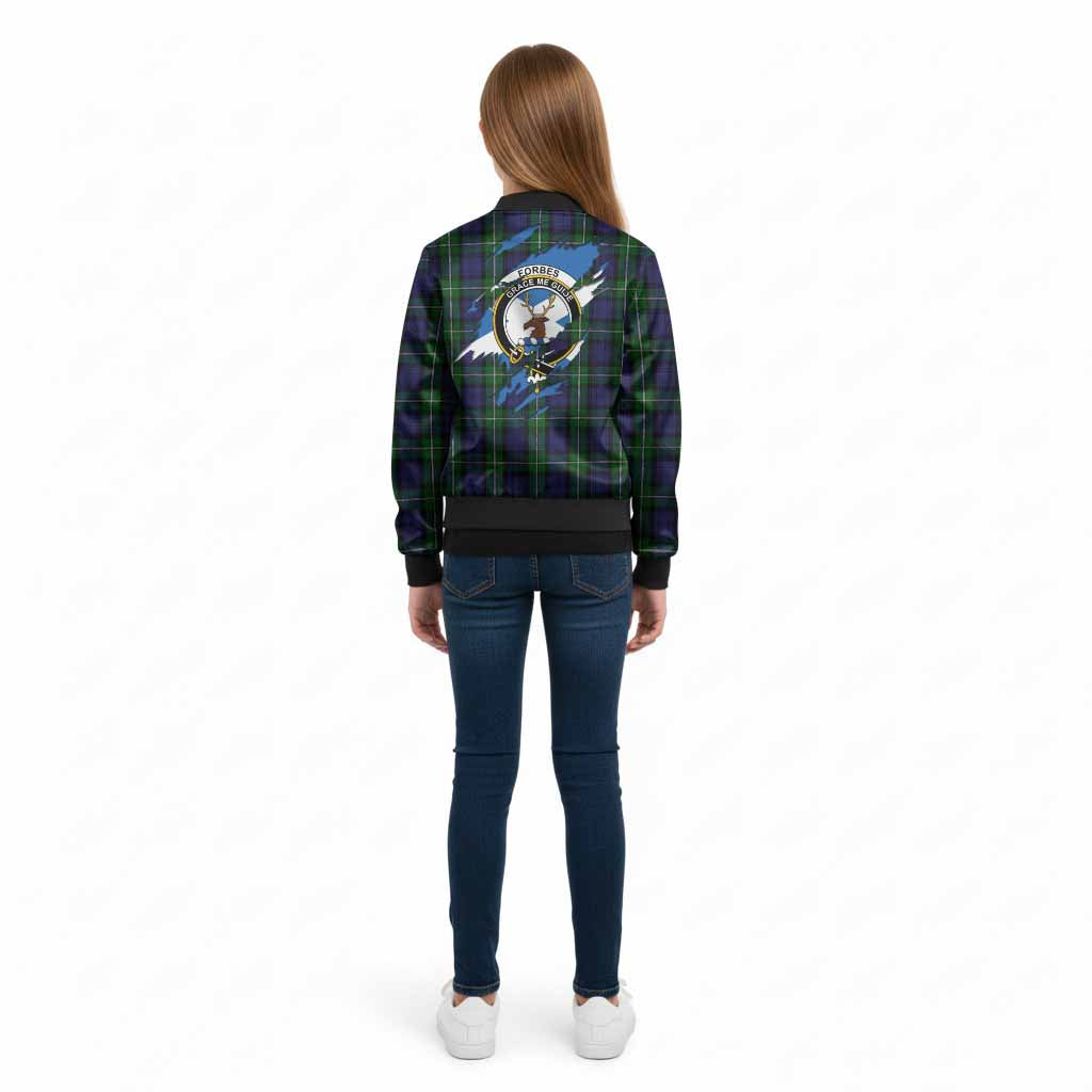 Forbes Clan Crest In Me Tartan Kid Bomber Jacket Scotland Flag Style