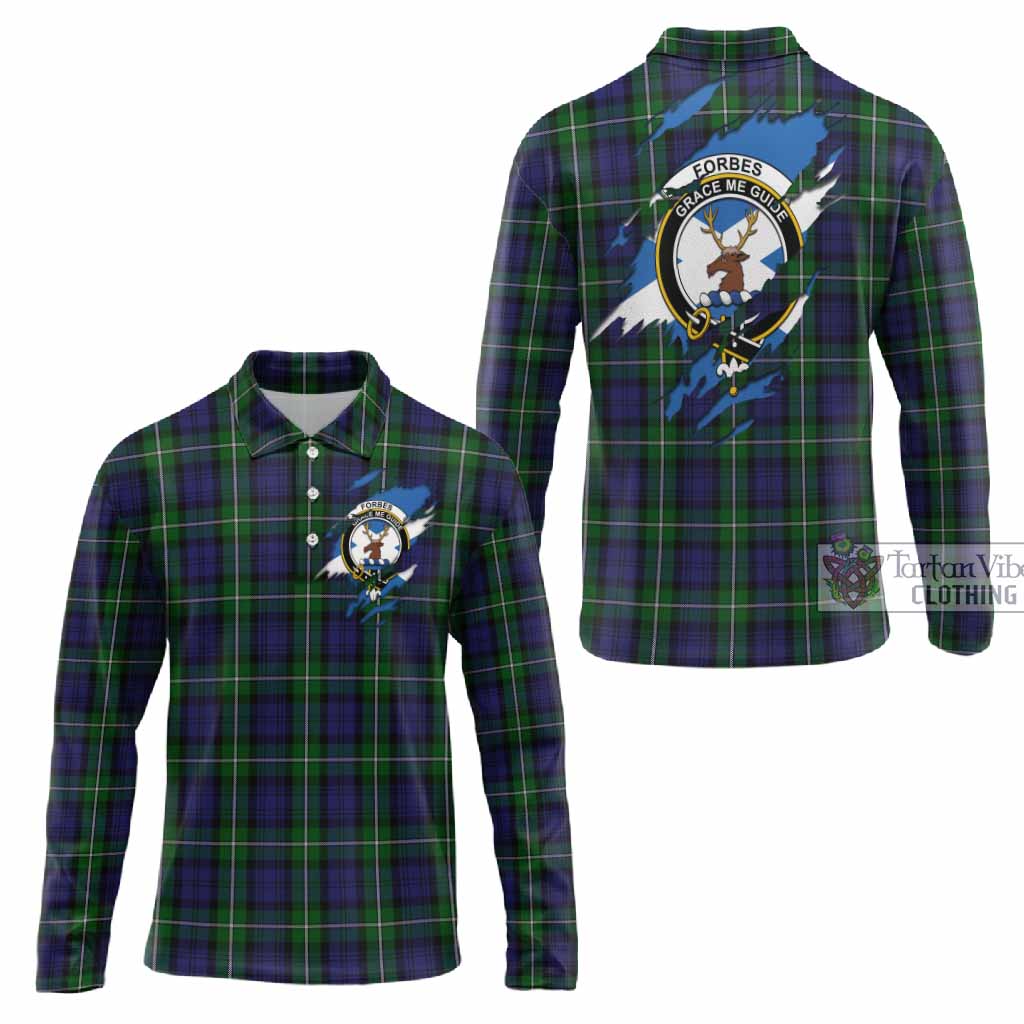 Forbes Clan Crest In Me Tartan Long Sleeve Polo Shirt Scotland Flag Style