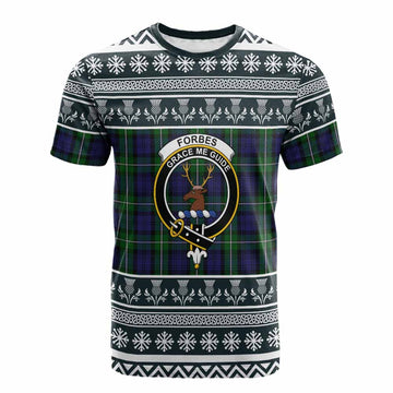 Forbes Clan Tartan Christmas Cotton T-shirt with Family Crest