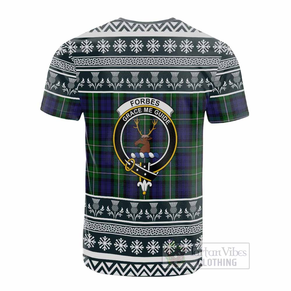 Forbes Clan Tartan Christmas Cotton T-shirt with Family Crest - Tartan Vibes Clothing