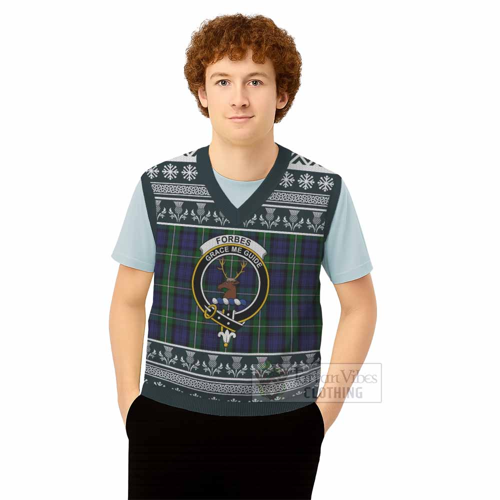 Forbes Clan Tartan Christmas Knitted V-Neck Vest with Family Crest - Tartan Vibes Clothing