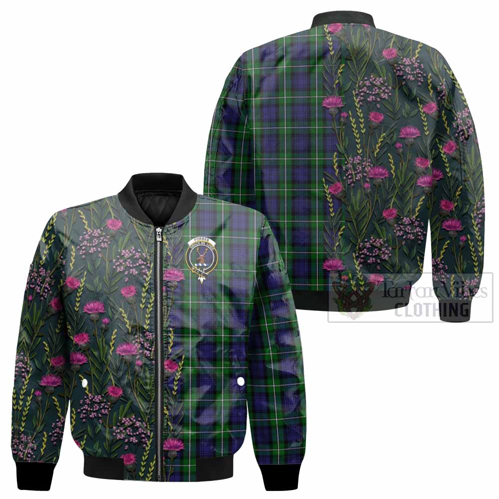 Forbes Family Crest Tartan Bomber Jacket Scottish Thistle Flower Pattern Half Style - Tartan Vibes Clothing