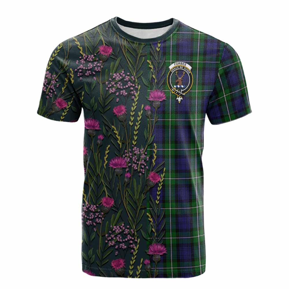 Forbes Family Crest Tartan Cotton T-shirt Scottish Thistle Flower Pattern Half Style - Tartan Vibes Clothing