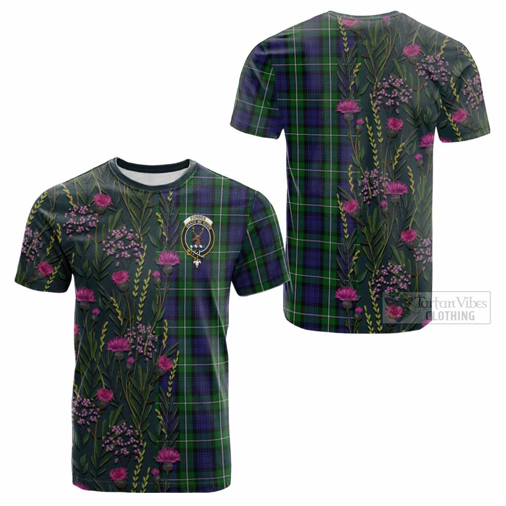 Forbes Family Crest Tartan Cotton T-shirt Scottish Thistle Flower Pattern Half Style - Tartan Vibes Clothing
