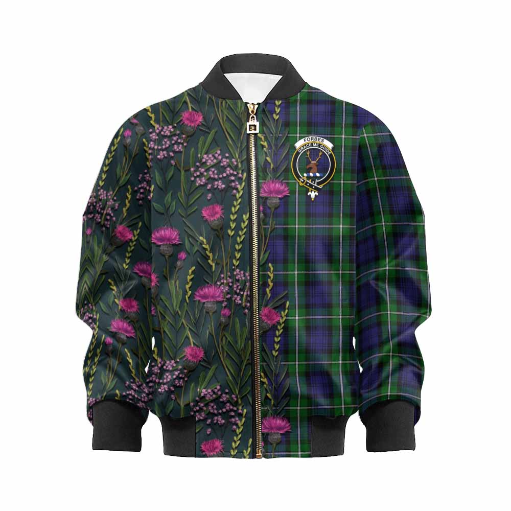 Forbes Family Crest Tartan Kid Bomber Jacket Scottish Thistle Flower Pattern Half Style - Tartan Vibes Clothing