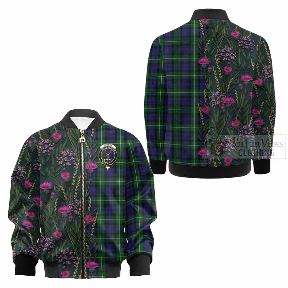 Forbes Family Crest Tartan Kid Bomber Jacket Scottish Thistle Flower Pattern Half Style - Tartan Vibes Clothing