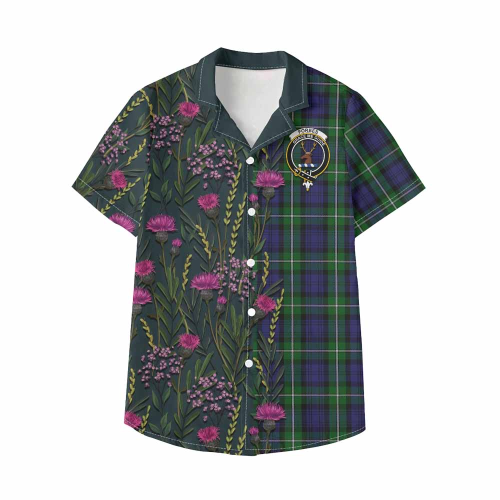 Forbes Family Crest Tartan Kid Hawaiian Shirt Scottish Thistle Flower Pattern Half Style - Tartan Vibes Clothing