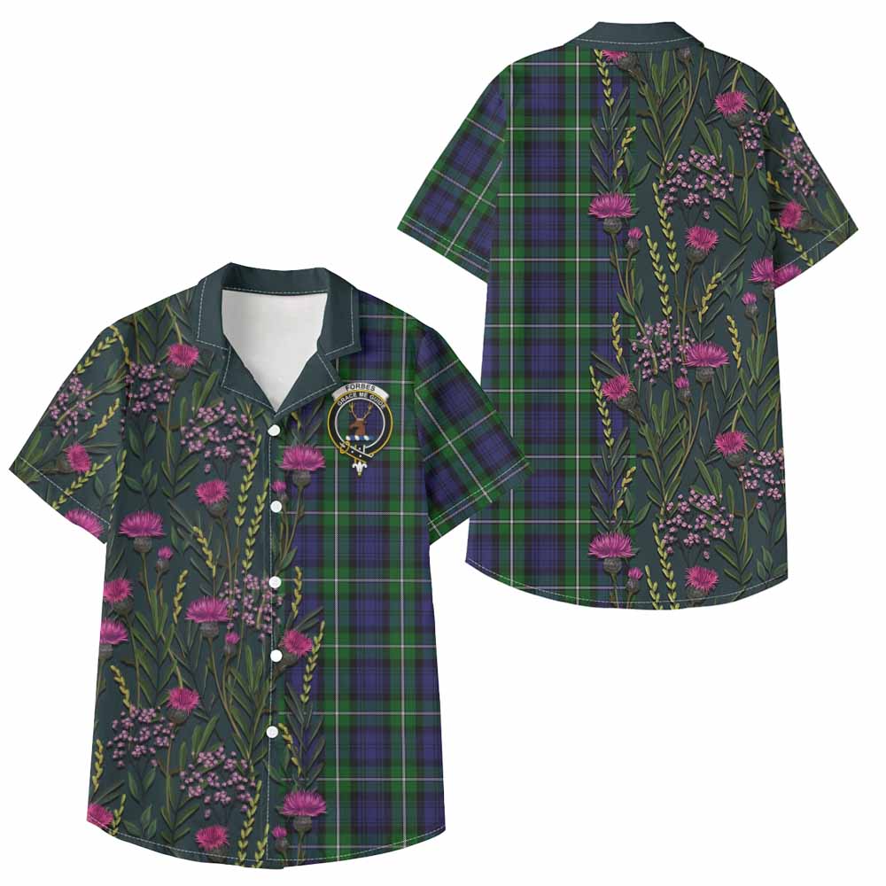 Forbes Family Crest Tartan Kid Hawaiian Shirt Scottish Thistle Flower Pattern Half Style - Tartan Vibes Clothing