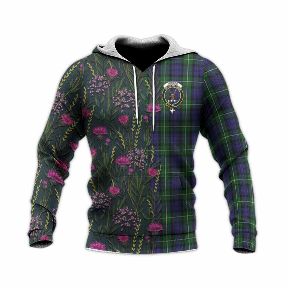 Forbes Family Crest Tartan Knitted Hoodie Scottish Thistle Flower Pattern Half Style - Tartan Vibes Clothing