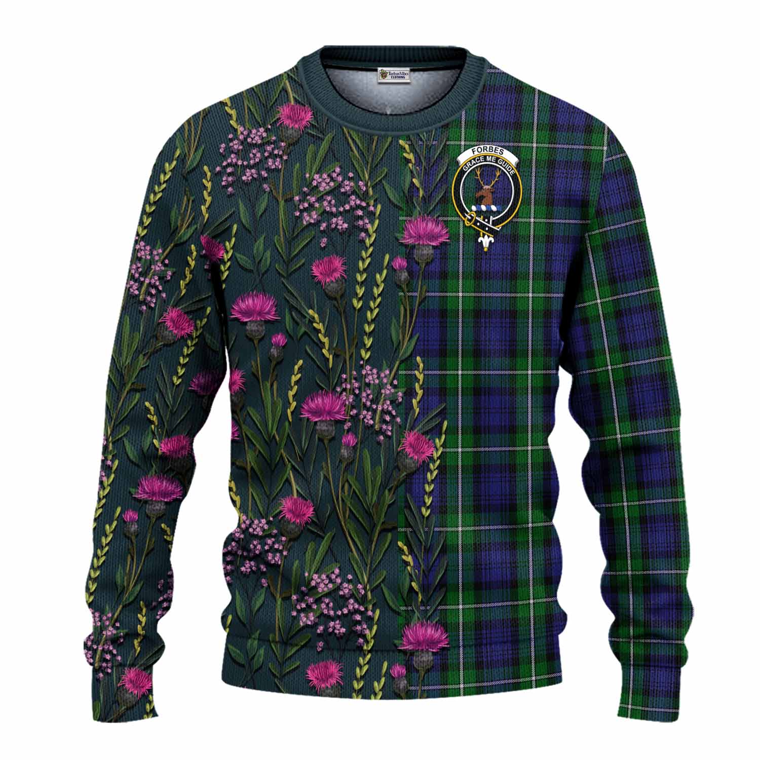 Forbes Family Crest Tartan Knitted Sweater Scottish Thistle Flower Pattern Half Style - Tartan Vibes Clothing