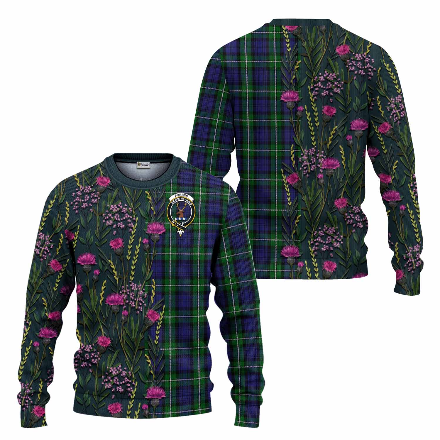 Forbes Family Crest Tartan Knitted Sweater Scottish Thistle Flower Pattern Half Style - Tartan Vibes Clothing