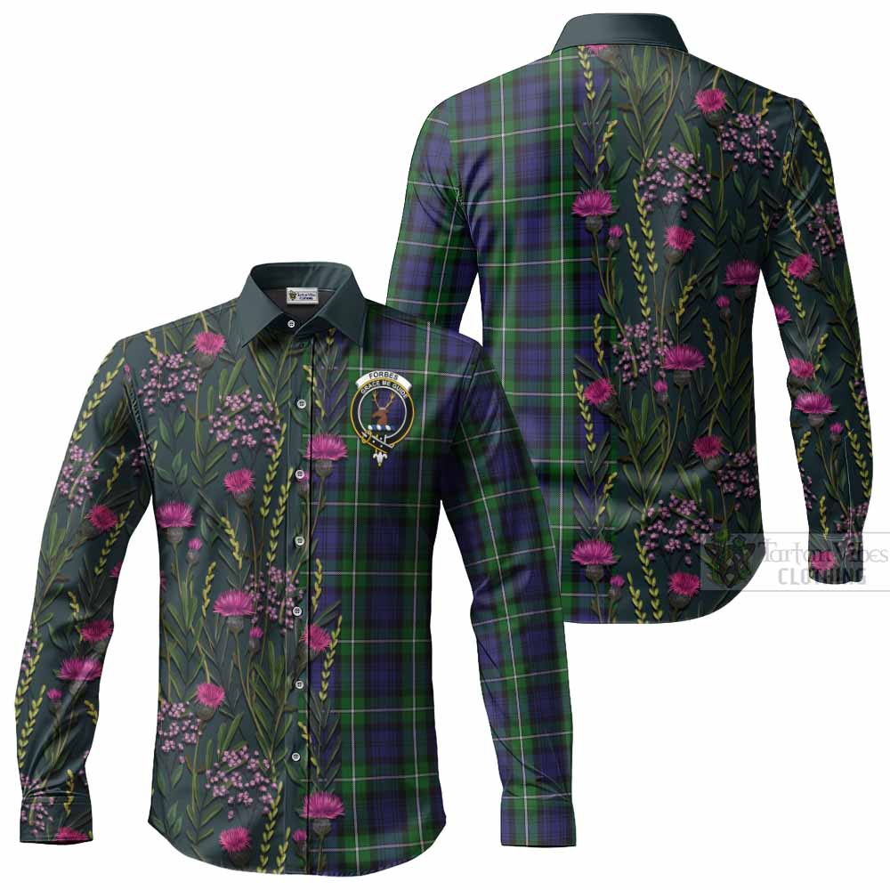 Forbes Family Crest Tartan Long Sleeve Button Shirts Scottish Thistle Flower Pattern Half Style - Tartan Vibes Clothing